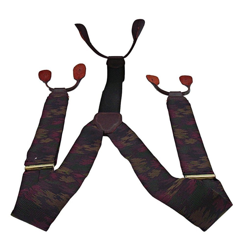 CAS Adjustable Button On Suspenders Maroon Burgundy Green Gold Camo Like Design